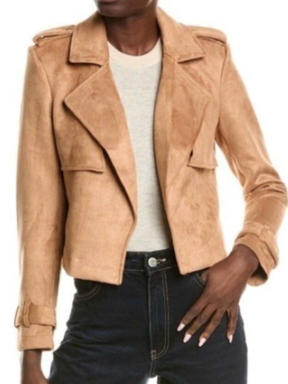 NWT Nanette Lepore Camel Faux Suede Open Front Moto Jacket Size M